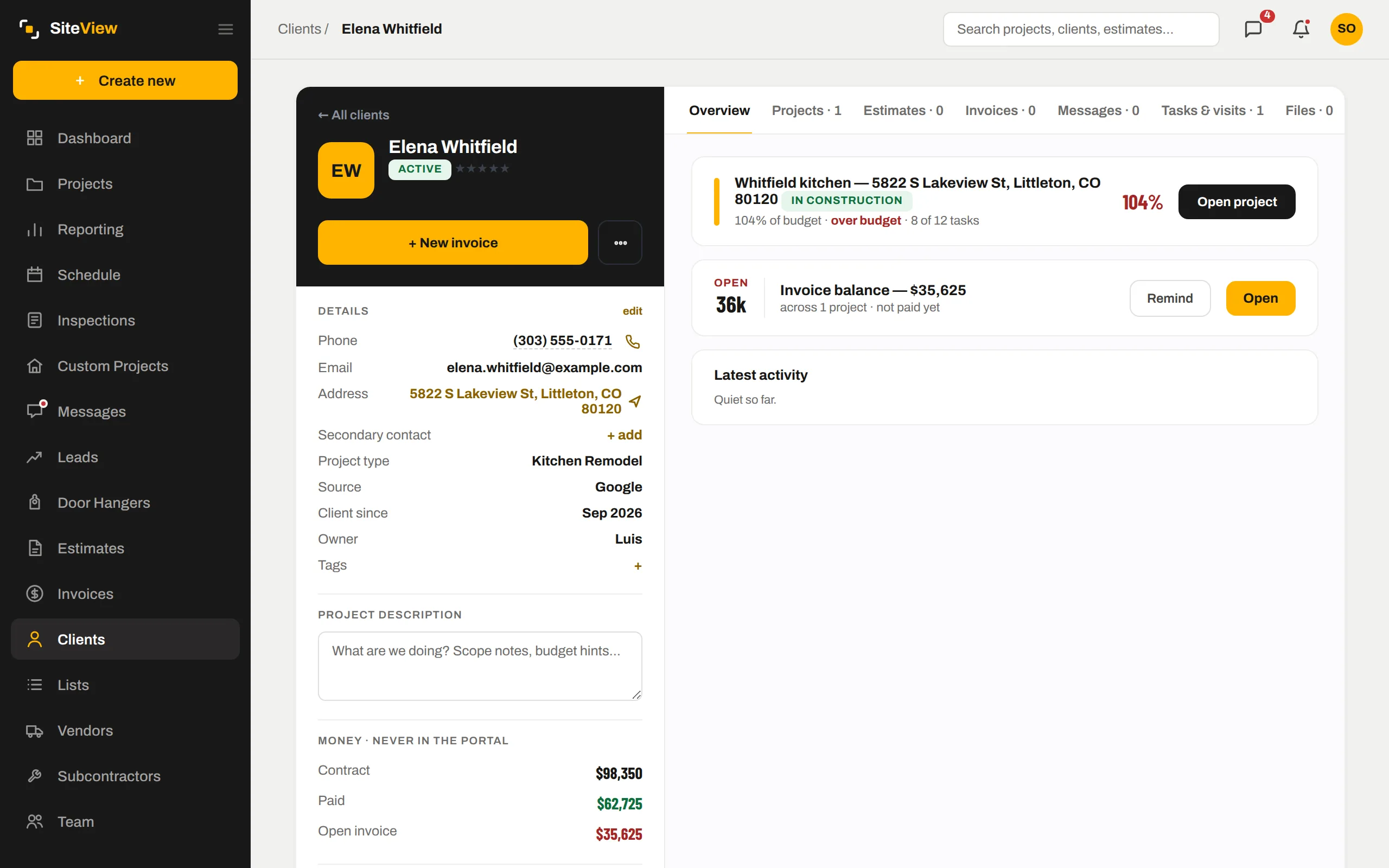 A client record with the portal and money summary