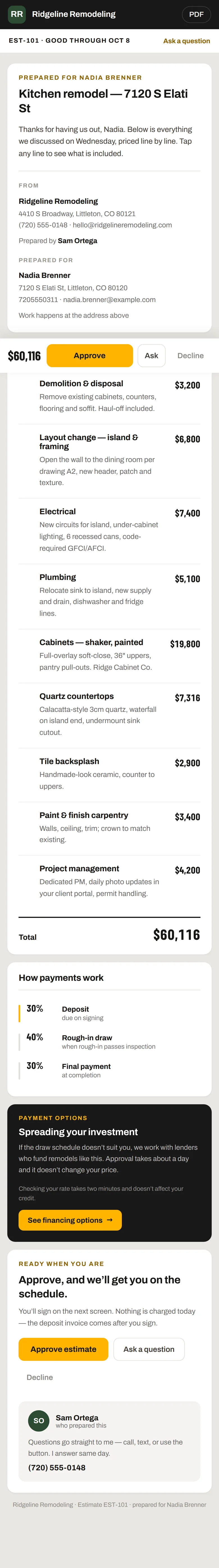 What the homeowner sees: the estimate as a web page with an Approve button