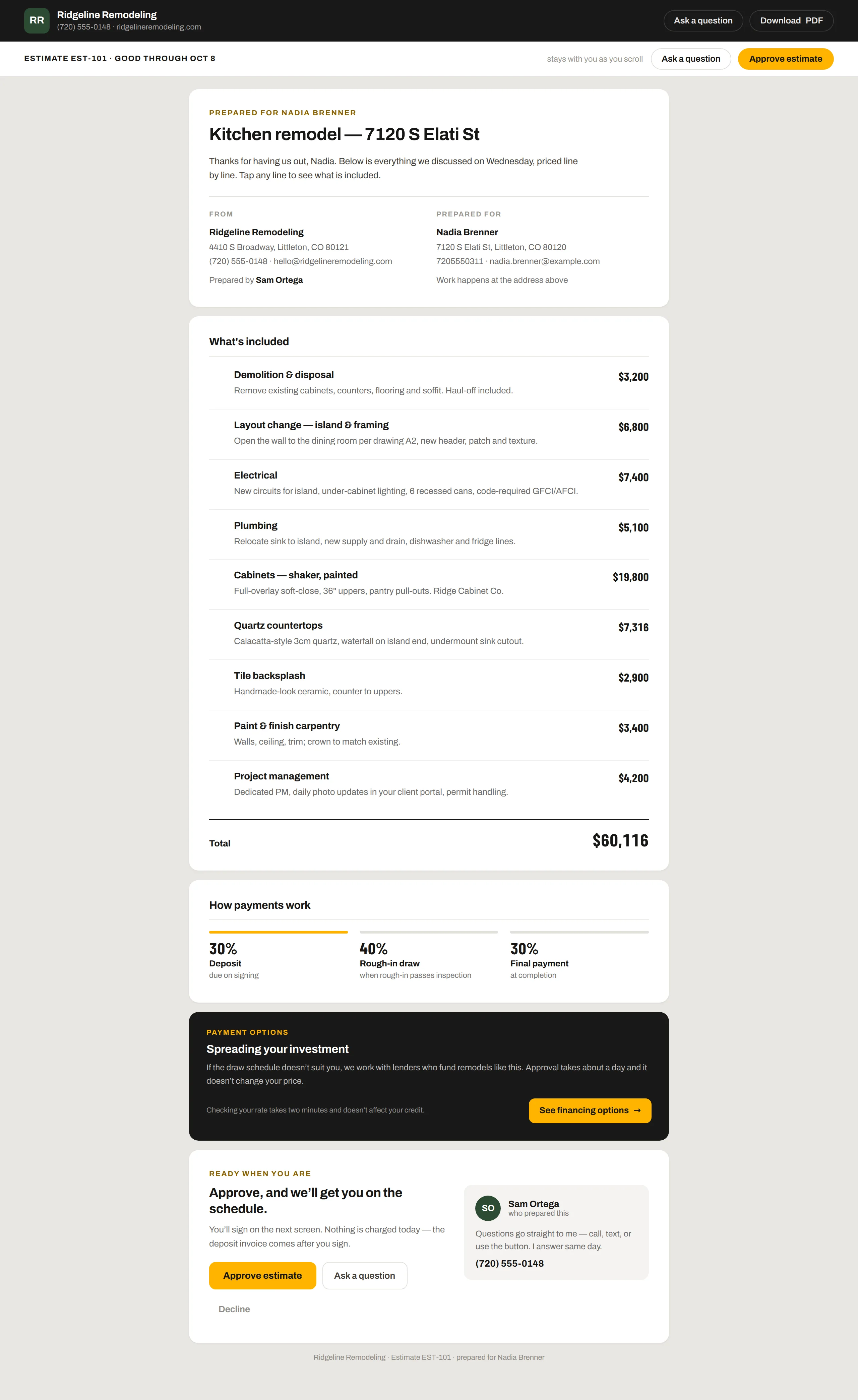 What the homeowner sees: the estimate as a web page with an Approve button