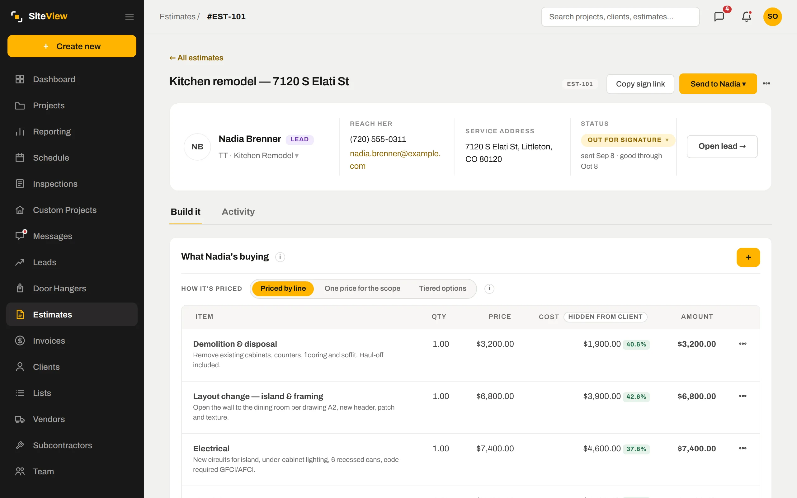 Building an estimate in SiteView, priced line by line with cost and margin visible only to the office