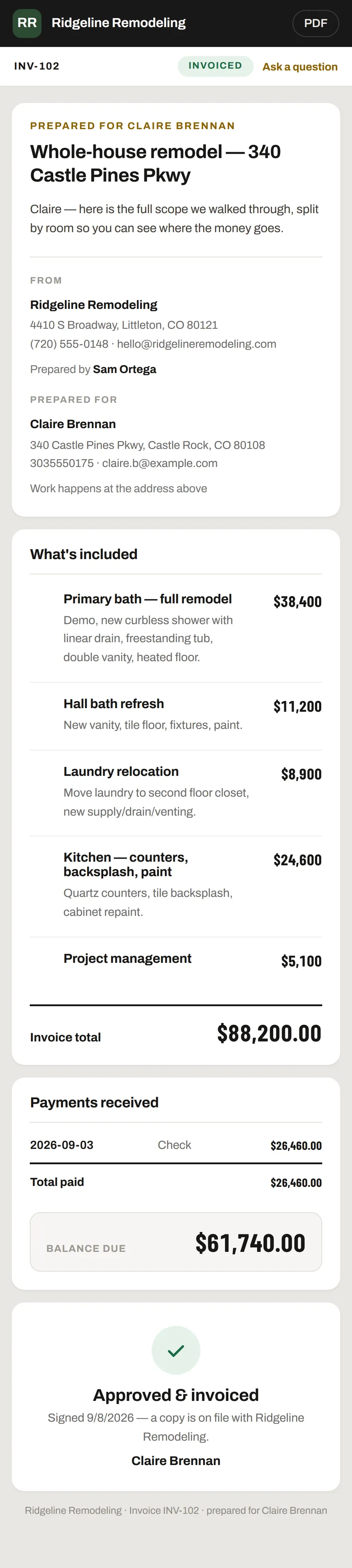 An invoice as the client sees it on a phone