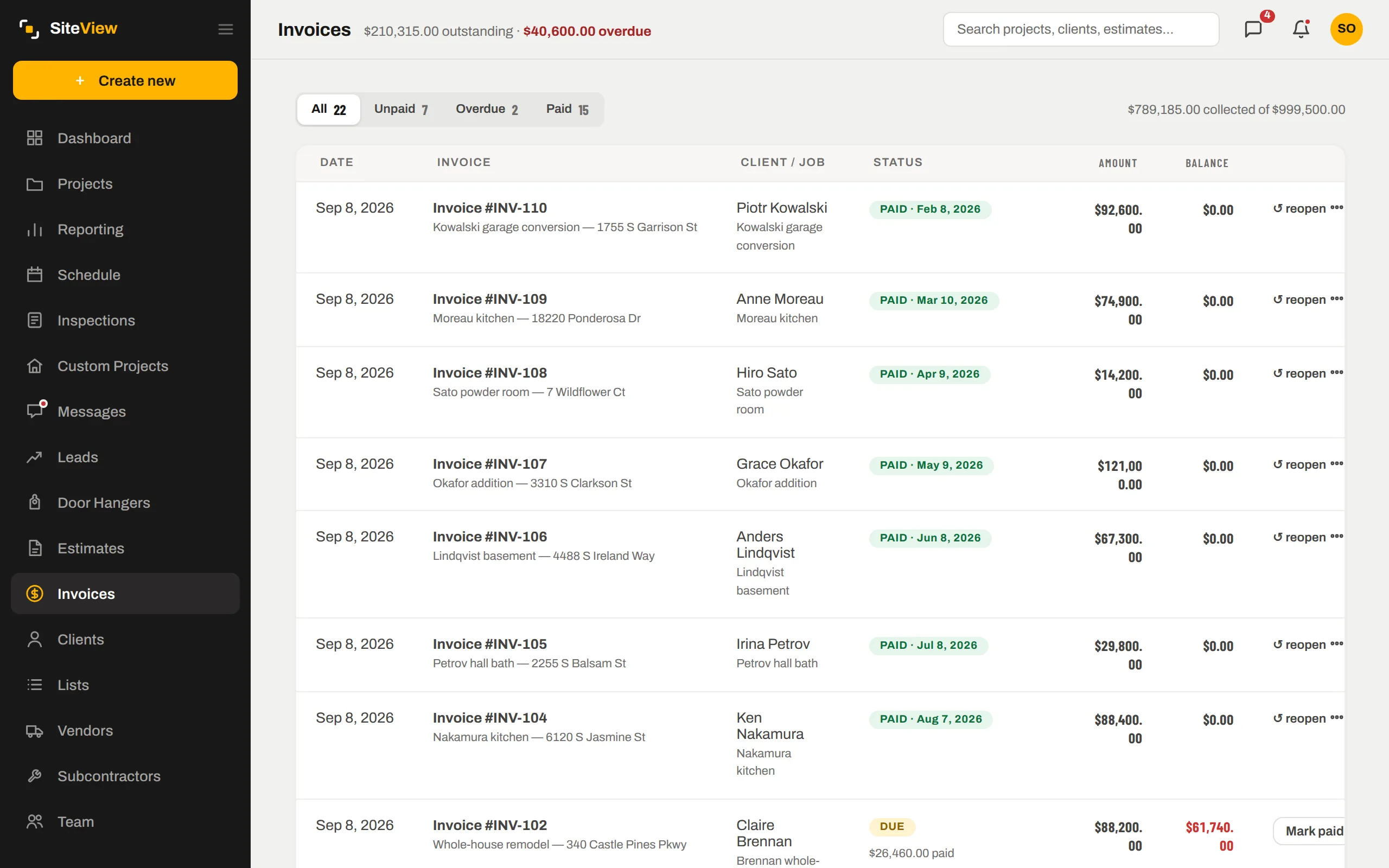 The Invoices list: paid, due and late, with balances