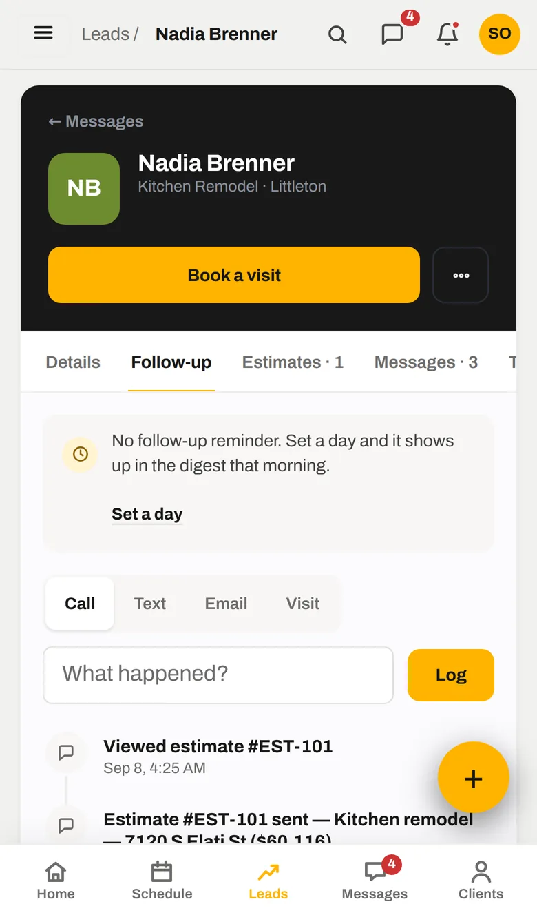 A lead record with the follow-up reminder and activity timeline