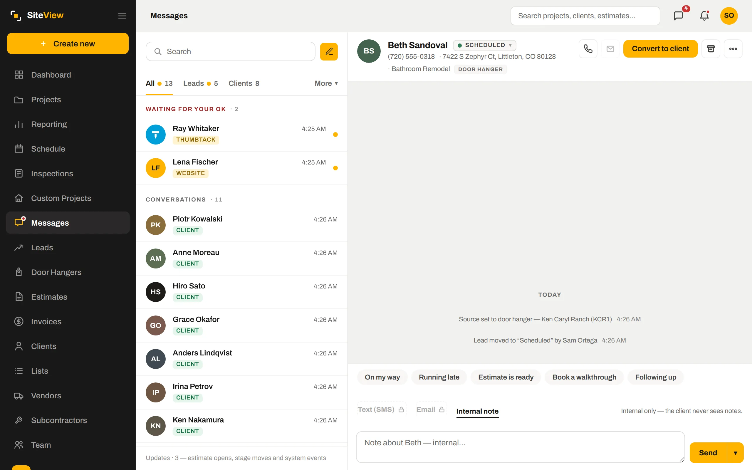 Messages inbox with pending enquiries and conversations