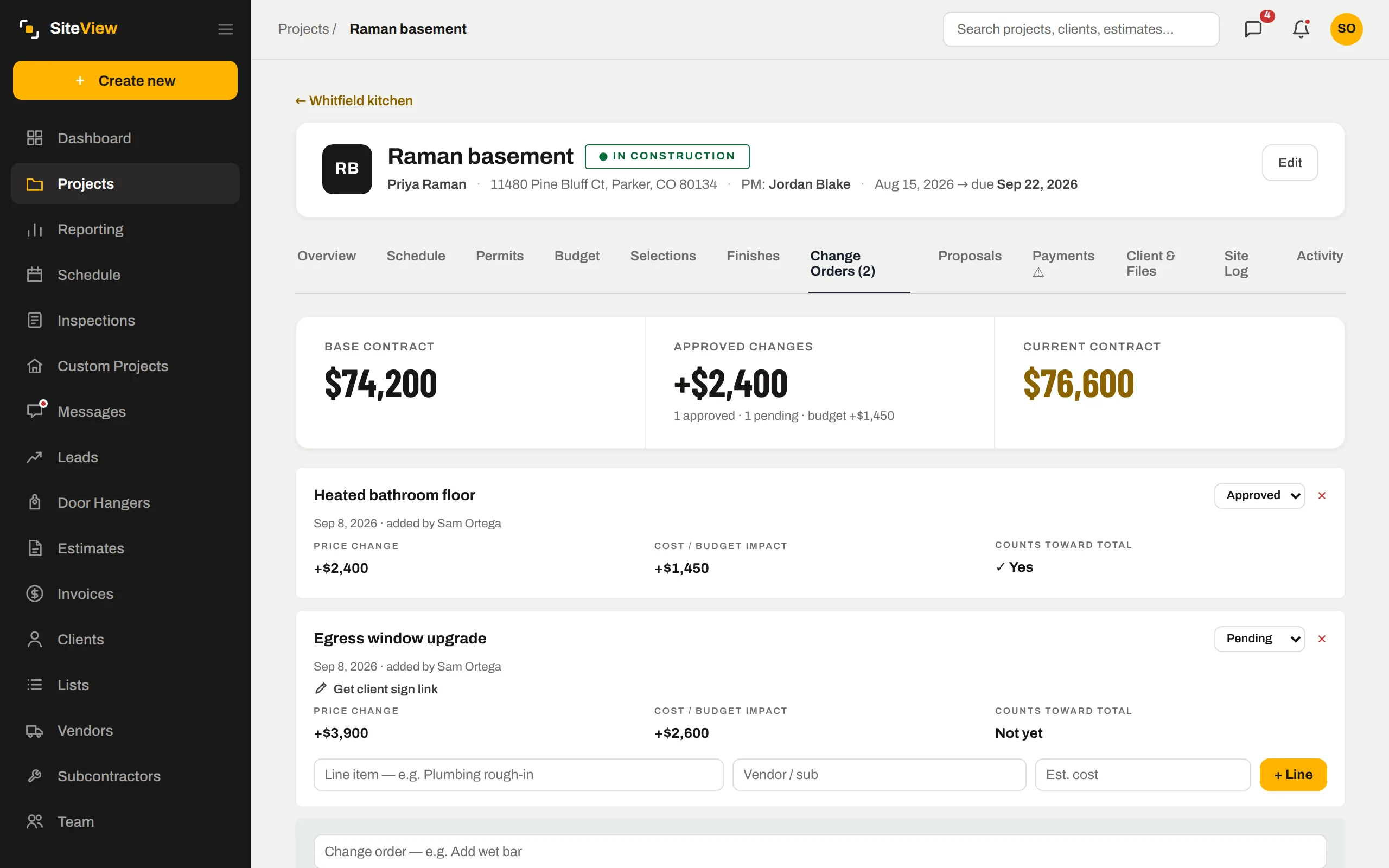 Change orders on a project