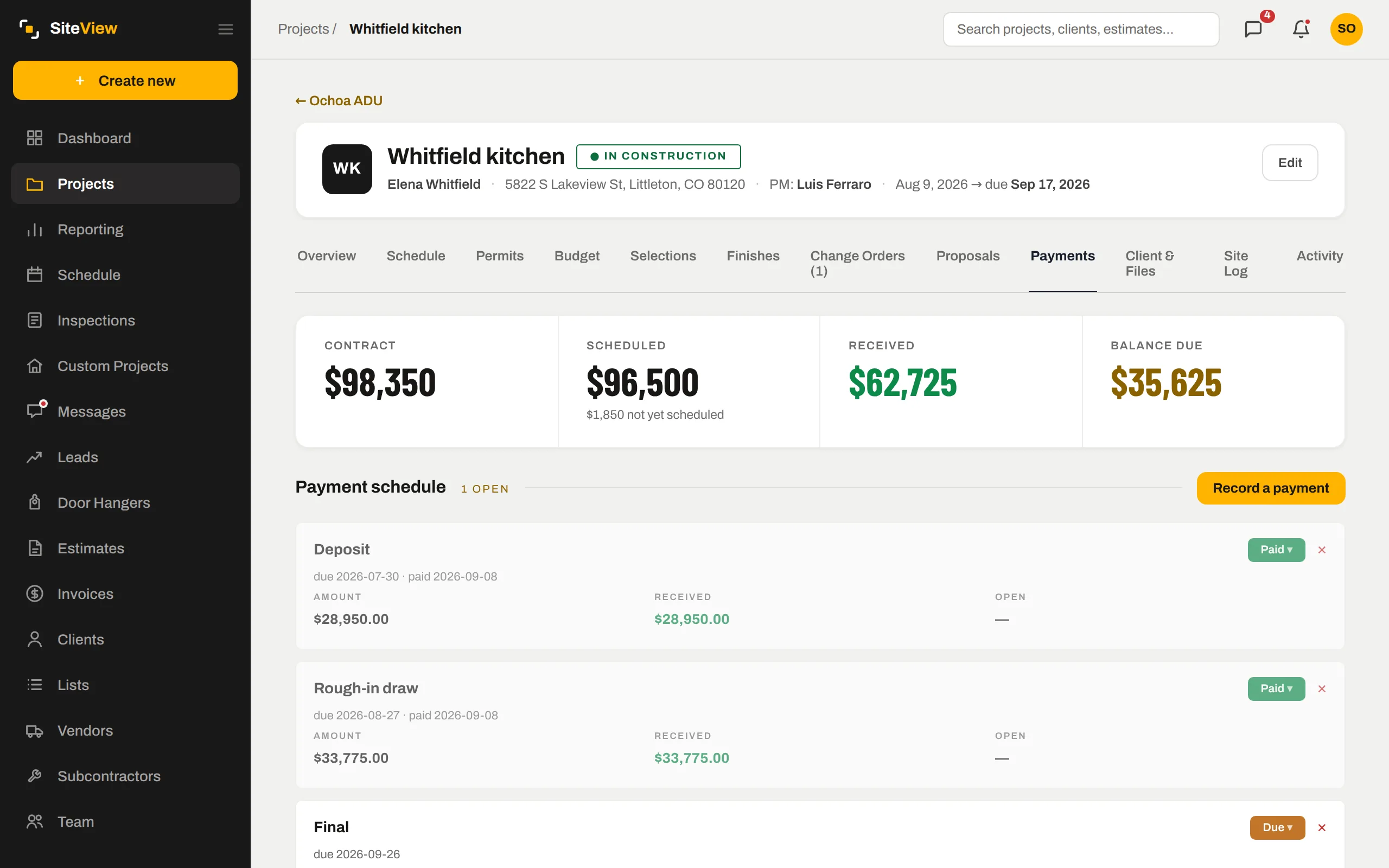 A project's payment schedule