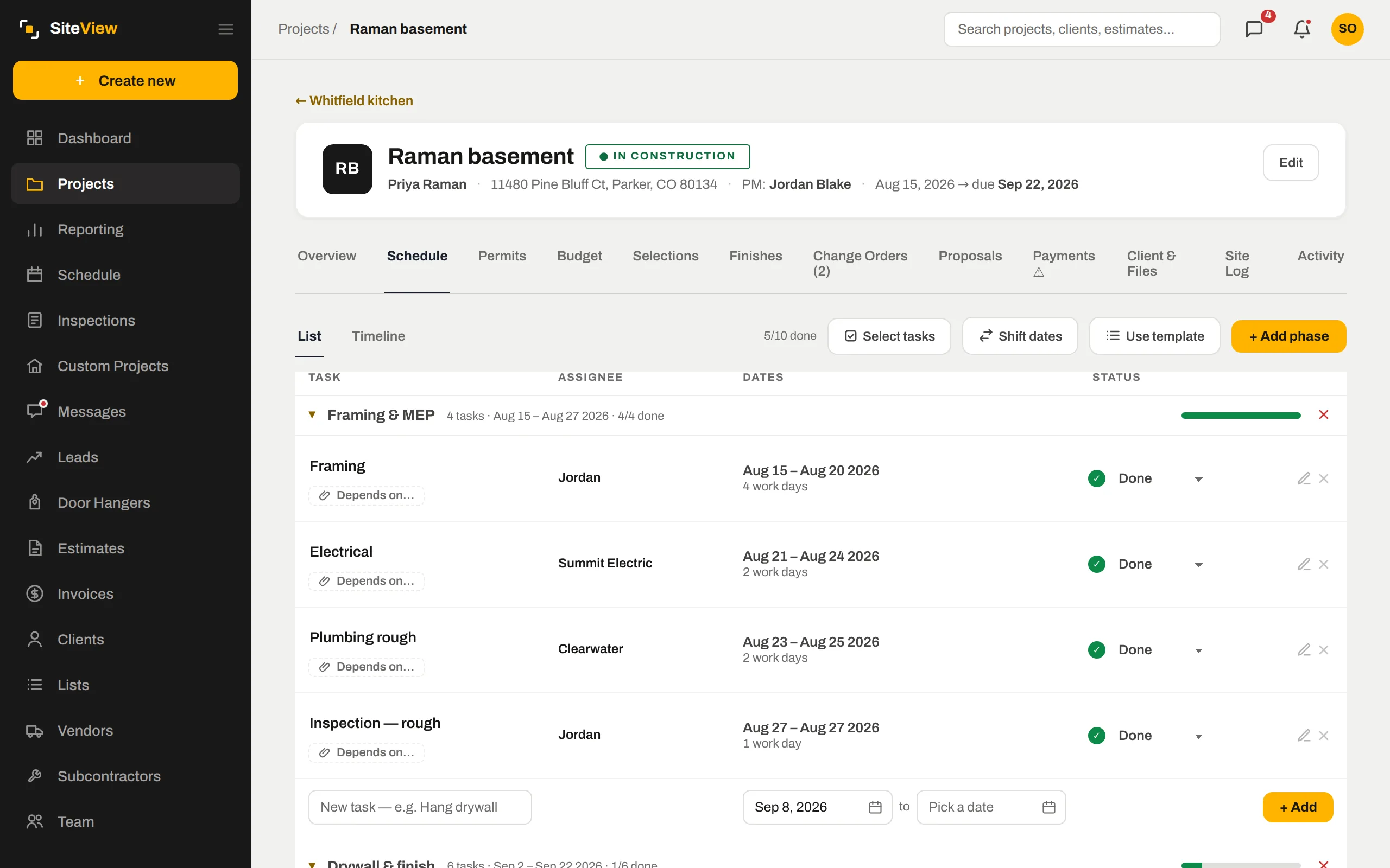 A project schedule with phases, tasks and dependencies