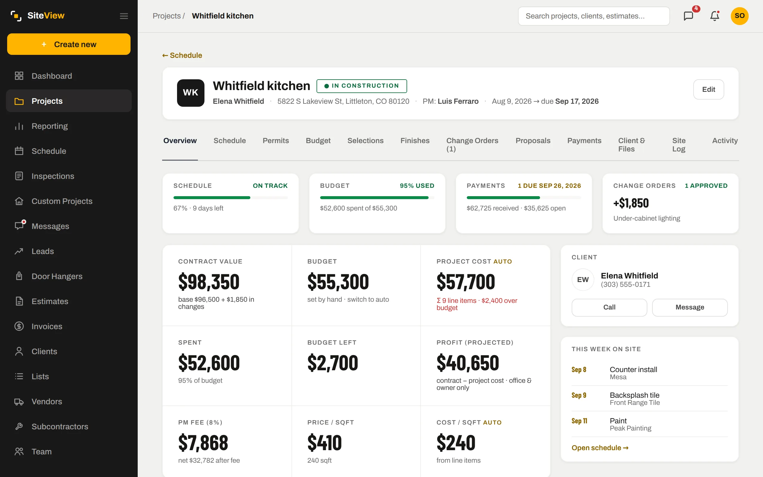 A project overview with the site log
