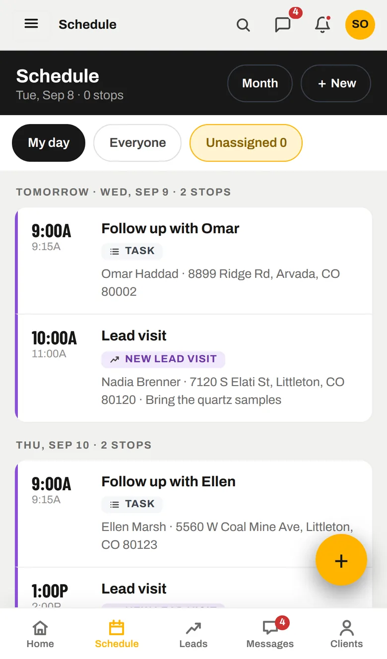 The SiteView schedule: month view with visits and inspections colour-coded by teammate