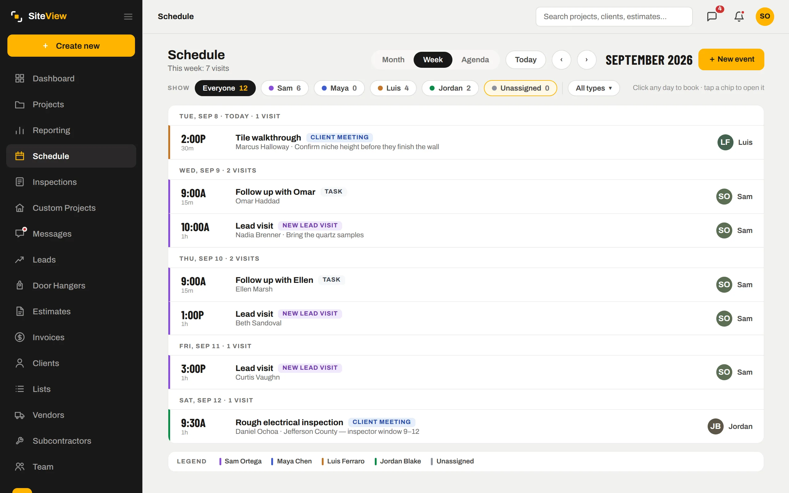 Week view of the schedule