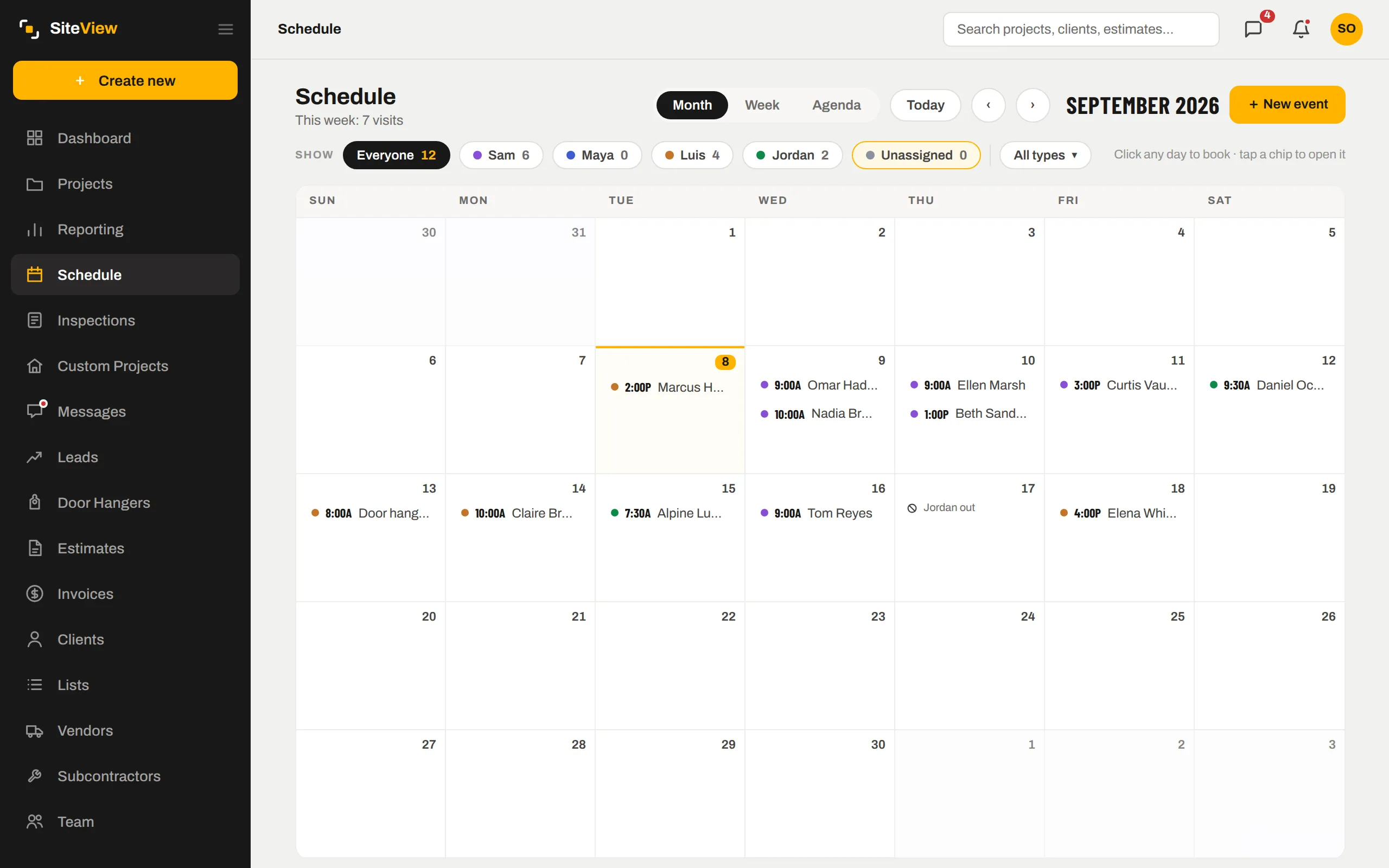 Week view of the schedule