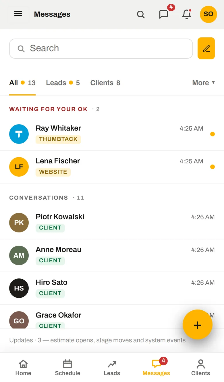 Messages inbox with pending enquiries and conversations
